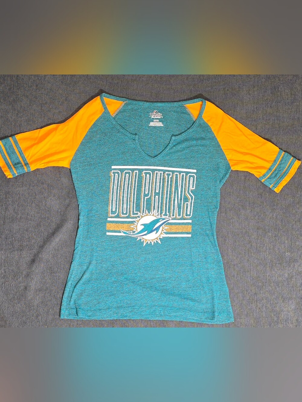 Majestic Miami Dolphins Women's Medium Raglan 3/4 Sleeve Notch Neck Top